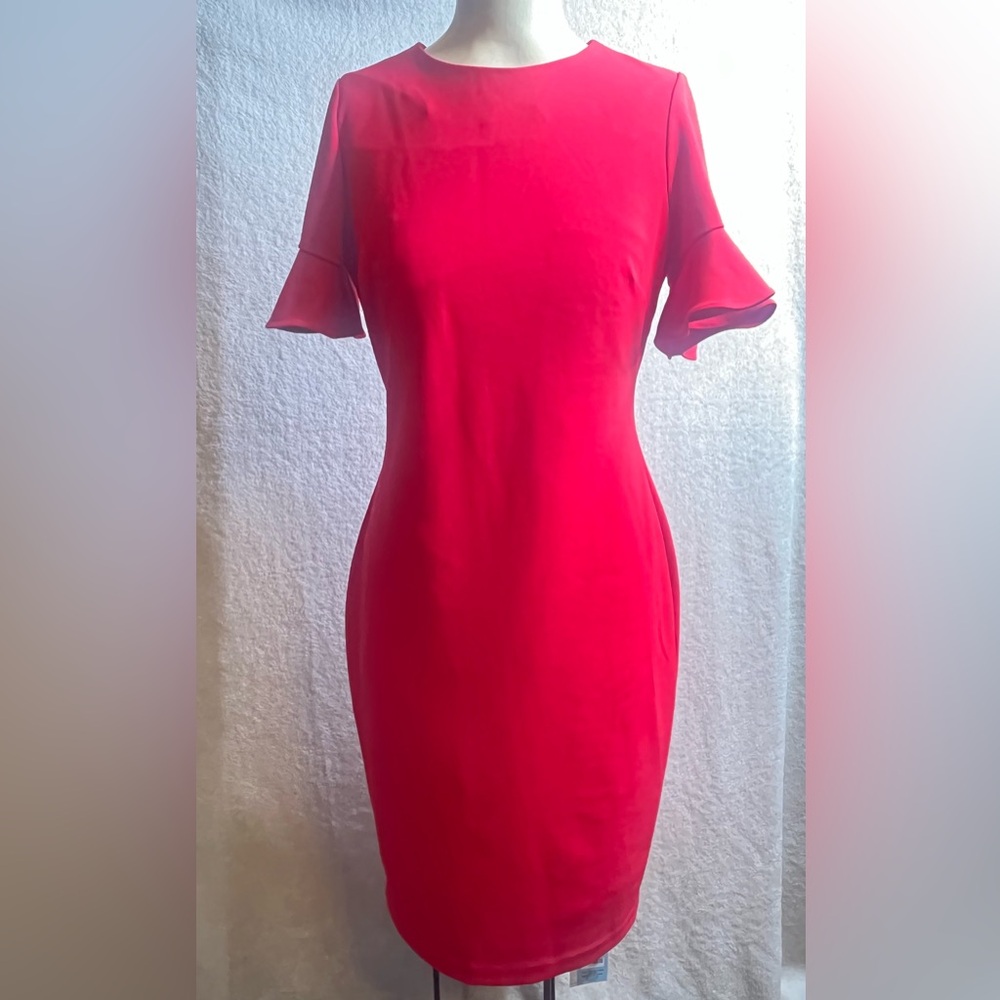Calvin Klein Red Sheath Dress with Flutter Sleeves
